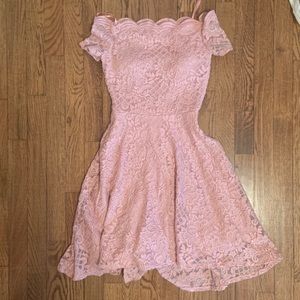 Off-the-shoulder rose and silver homecoming dress